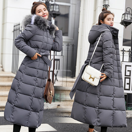 Winter Jacket Women's Warm Fashion Bow Belt Fox Fur Collar Coat Long Colors
