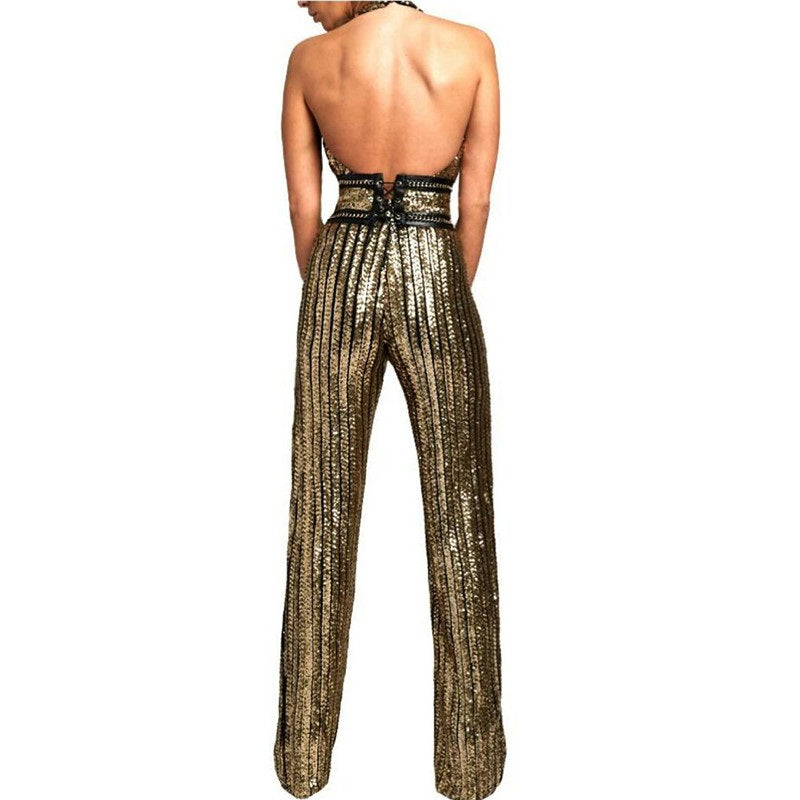 Gold Sequin Sexy Striped Jumpsuit
