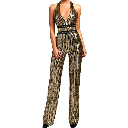 Gold Sequin Sexy Striped Jumpsuit