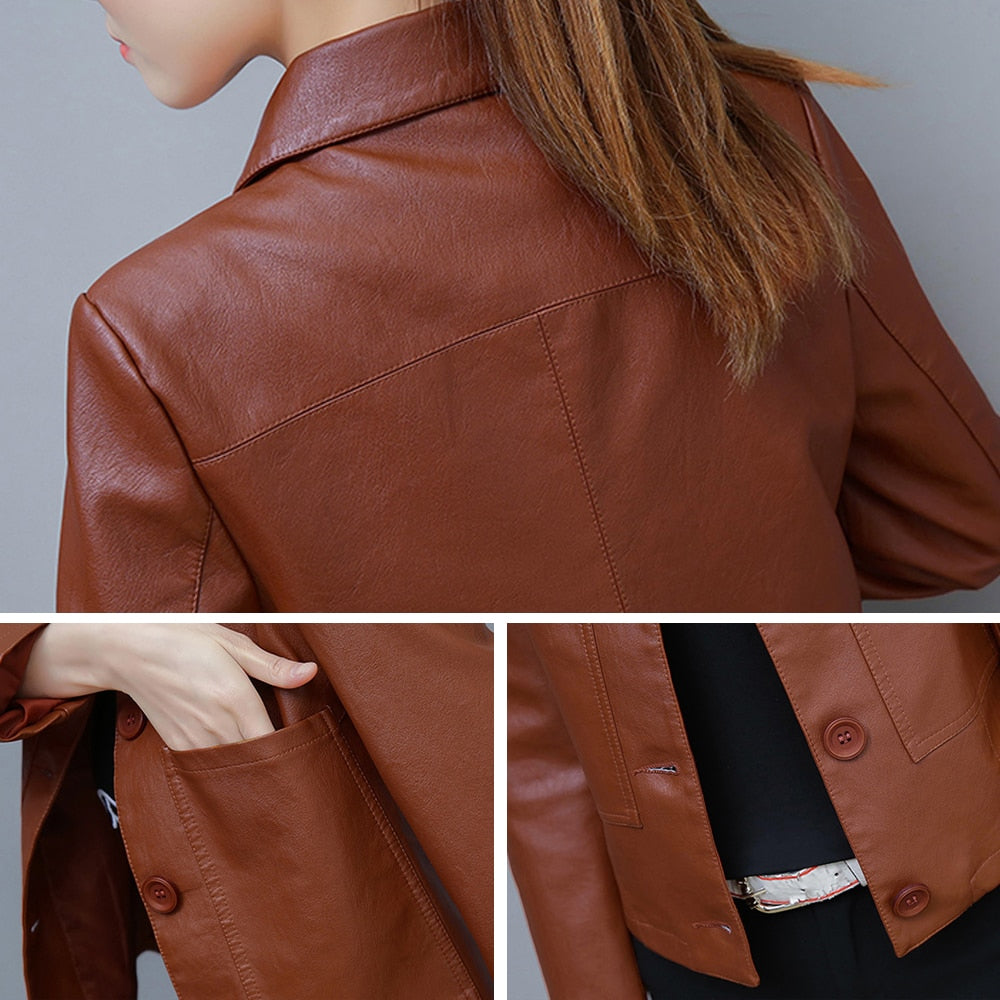 Leather Jackets and Coats Women Casual Long Sleeve