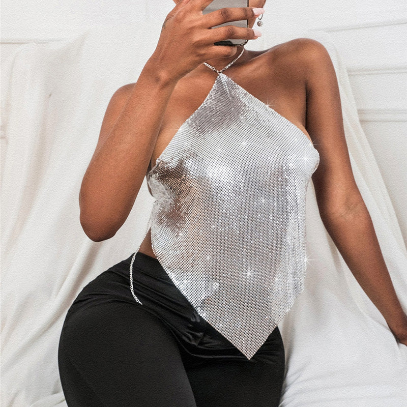 Rhinestone Camisole Top Party Night v Neck Backless Halter Club Metal Sequin