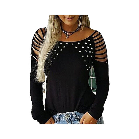 New Women Trending  O Neck Studded Long Sleeve Drill T Shirts Casual